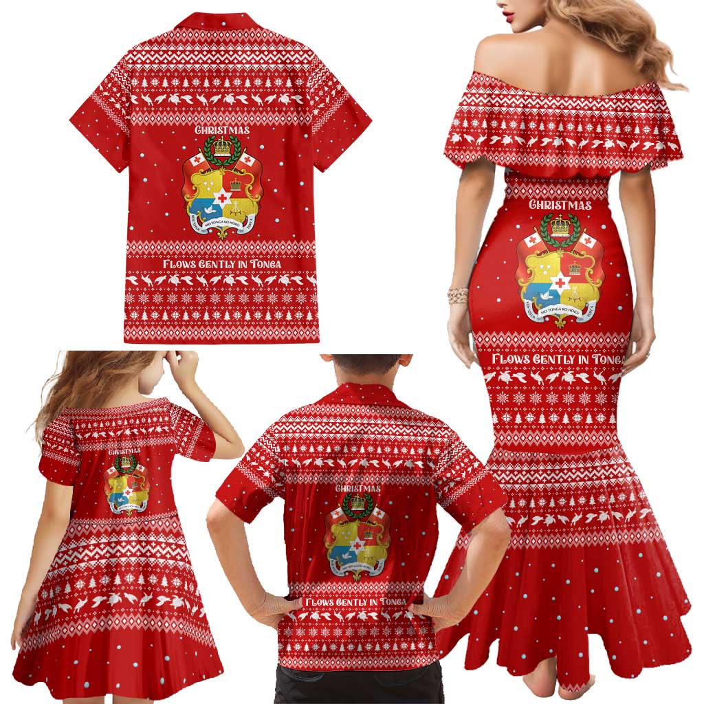 Tonga Christmas Family Matching Mermaid Dress and Hawaiian Shirt with Sea Turtle Coral Reef Design Snowflake Pattern and National Emblem - Polynesian Pride