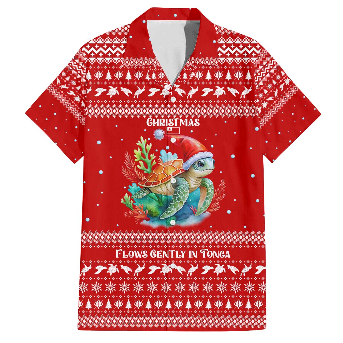 Tonga Christmas Family Matching Off The Shoulder Long Sleeve Dress and Hawaiian Shirt with Sea Turtle Coral Reef Design Snowflake Pattern and National Emblem - Polynesian Pride
