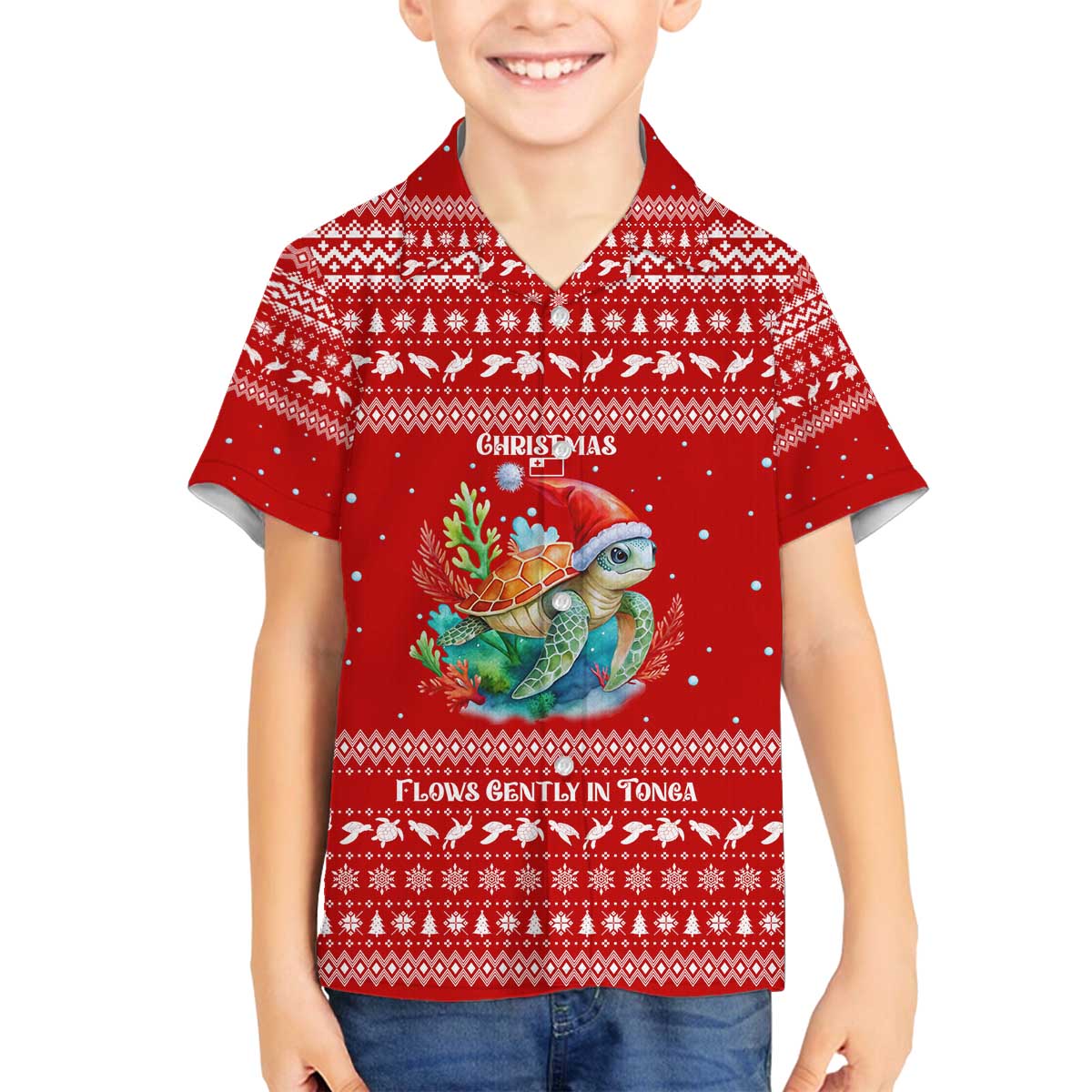 Tonga Christmas Family Matching Off The Shoulder Long Sleeve Dress and Hawaiian Shirt with Sea Turtle Coral Reef Design Snowflake Pattern and National Emblem - Polynesian Pride