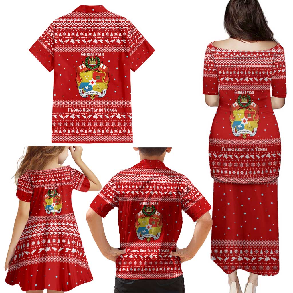 Tonga Christmas Family Matching Puletasi and Hawaiian Shirt with Sea Turtle Coral Reef Design Snowflake Pattern and National Emblem - Polynesian Pride
