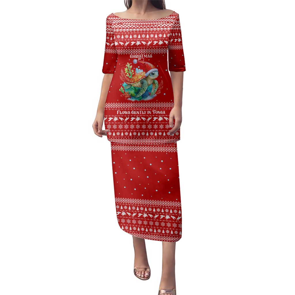 Tonga Christmas Family Matching Puletasi and Hawaiian Shirt with Sea Turtle Coral Reef Design Snowflake Pattern and National Emblem - Polynesian Pride