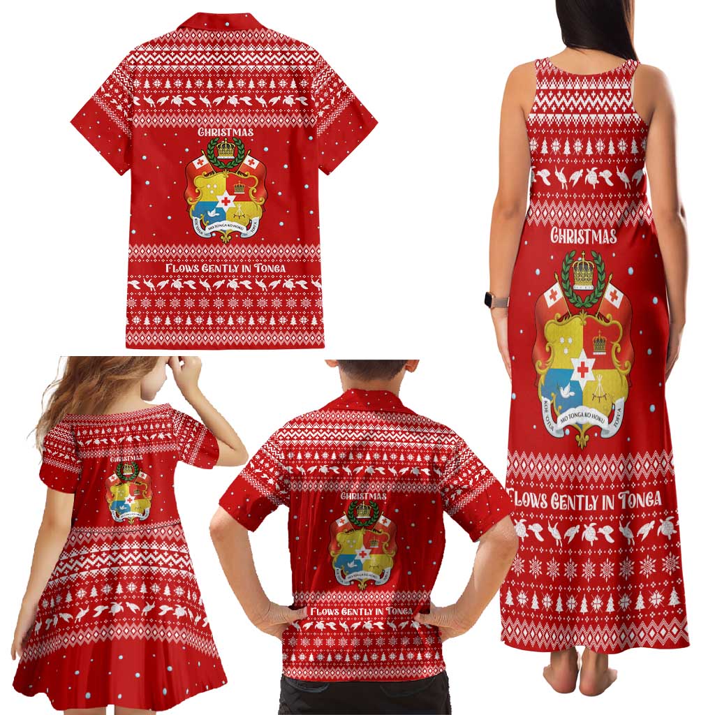 Tonga Christmas Family Matching Tank Maxi Dress and Hawaiian Shirt with Sea Turtle Coral Reef Design Snowflake Pattern and National Emblem - Polynesian Pride
