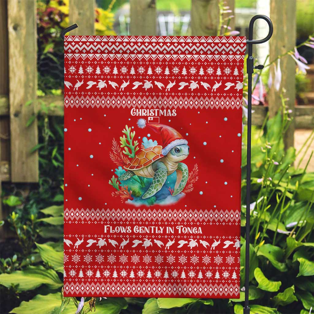 Tonga Christmas Garden Flag with Sea Turtle Coral Reef Design Snowflake Pattern and National Emblem - Polynesian Pride
