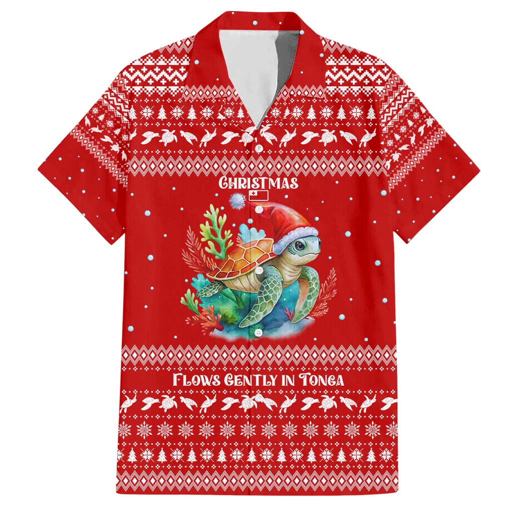 Tonga Christmas Hawaiian Shirt with Sea Turtle Coral Reef Design Snowflake Pattern and National Emblem TS04 Red White - Polynesian Pride