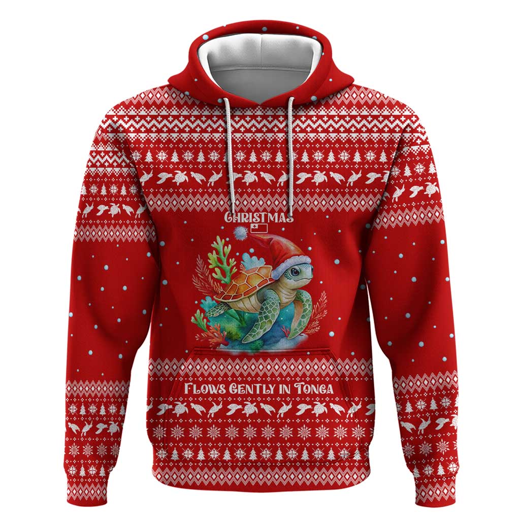 Tonga Christmas Hoodie with Sea Turtle Coral Reef Design Snowflake Pattern and National Emblem TS04 Pullover Hoodie Red White - Polynesian Pride