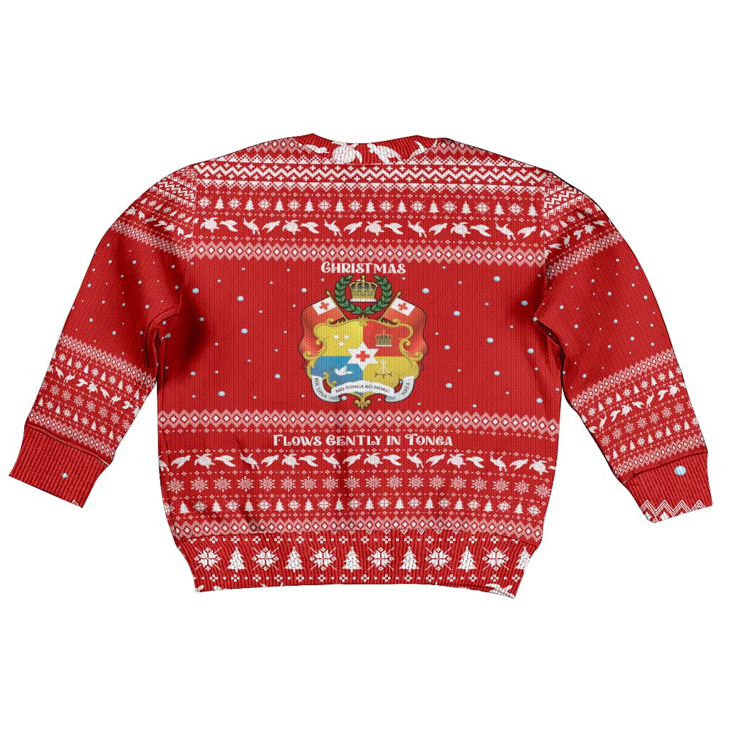 Tonga Christmas Kid Ugly Christmas Sweater with Sea Turtle Coral Reef Design Snowflake Pattern and National Emblem - Polynesian Pride