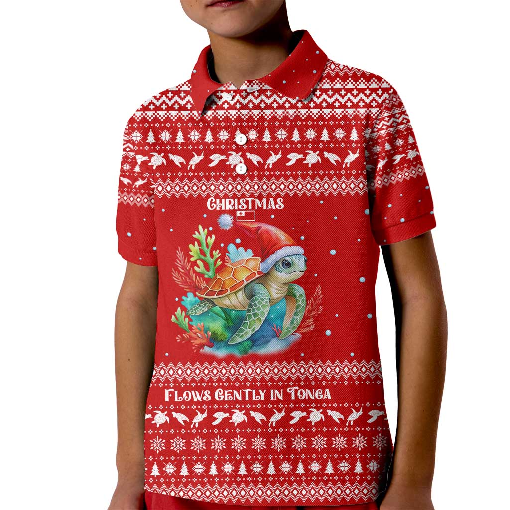 Tonga Christmas Kid Polo Shirt with Sea Turtle Coral Reef Design Snowflake Pattern and National Emblem TS04 Kid Red White - Polynesian Pride