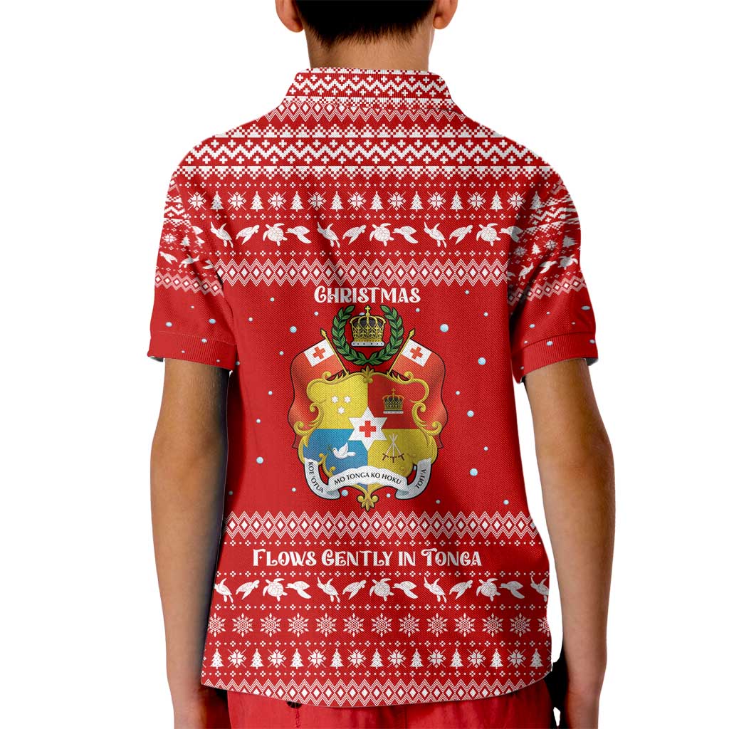 Tonga Christmas Kid Polo Shirt with Sea Turtle Coral Reef Design Snowflake Pattern and National Emblem - Polynesian Pride