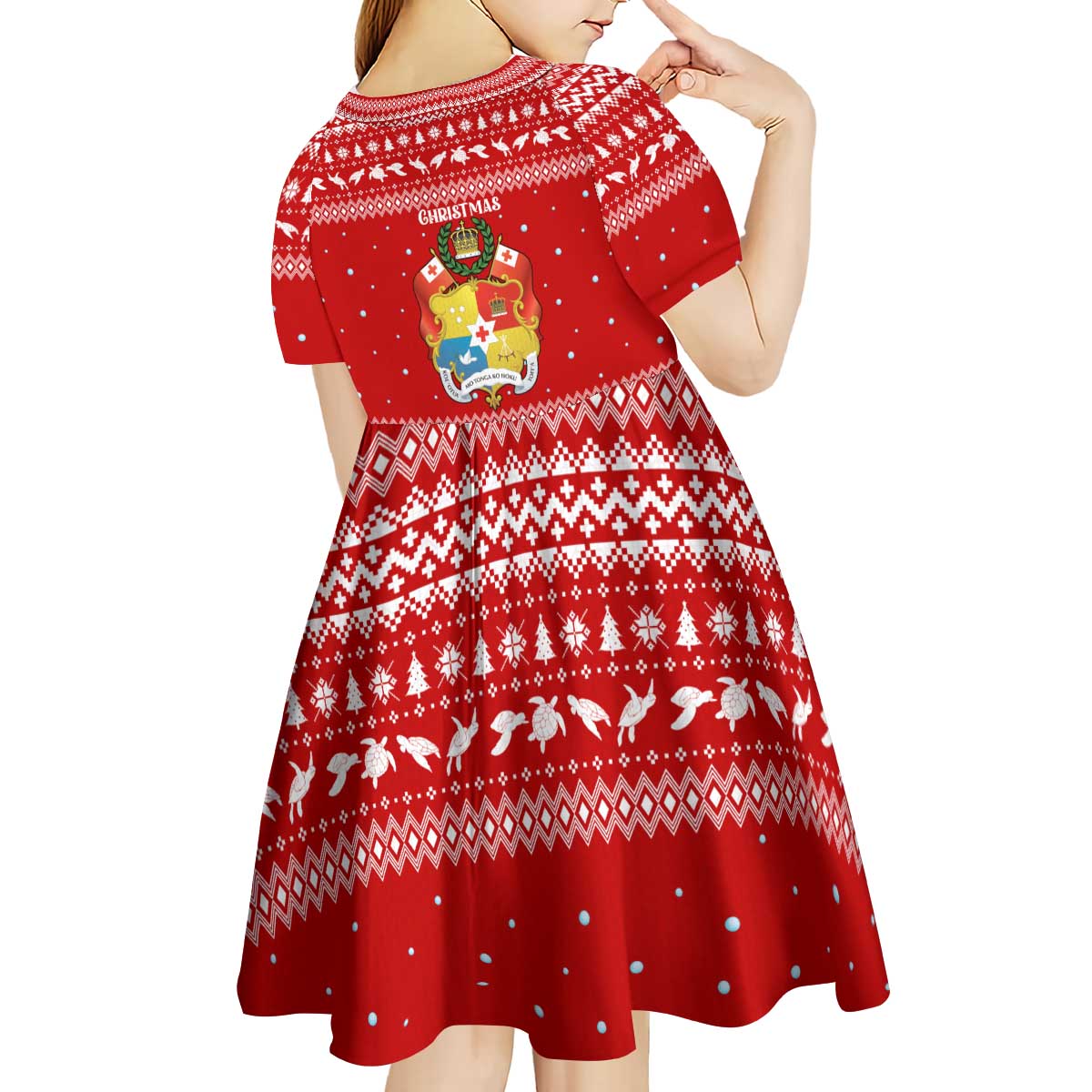 Tonga Christmas Kid Short Sleeve Dress with Sea Turtle Coral Reef Design Snowflake Pattern and National Emblem - Polynesian Pride
