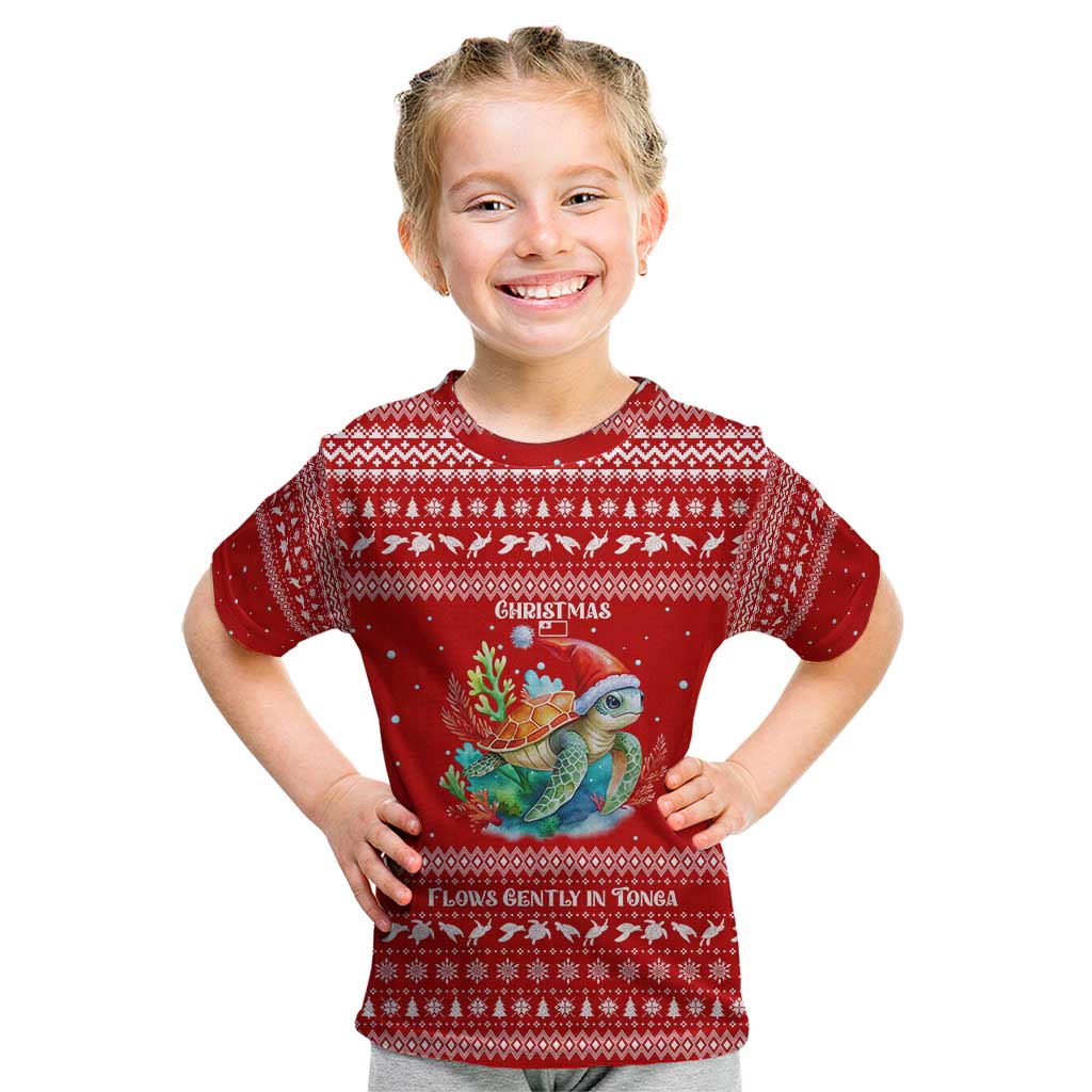 Tonga Christmas Kid T Shirt with Sea Turtle Coral Reef Design Snowflake Pattern and National Emblem TS04 Red White - Polynesian Pride