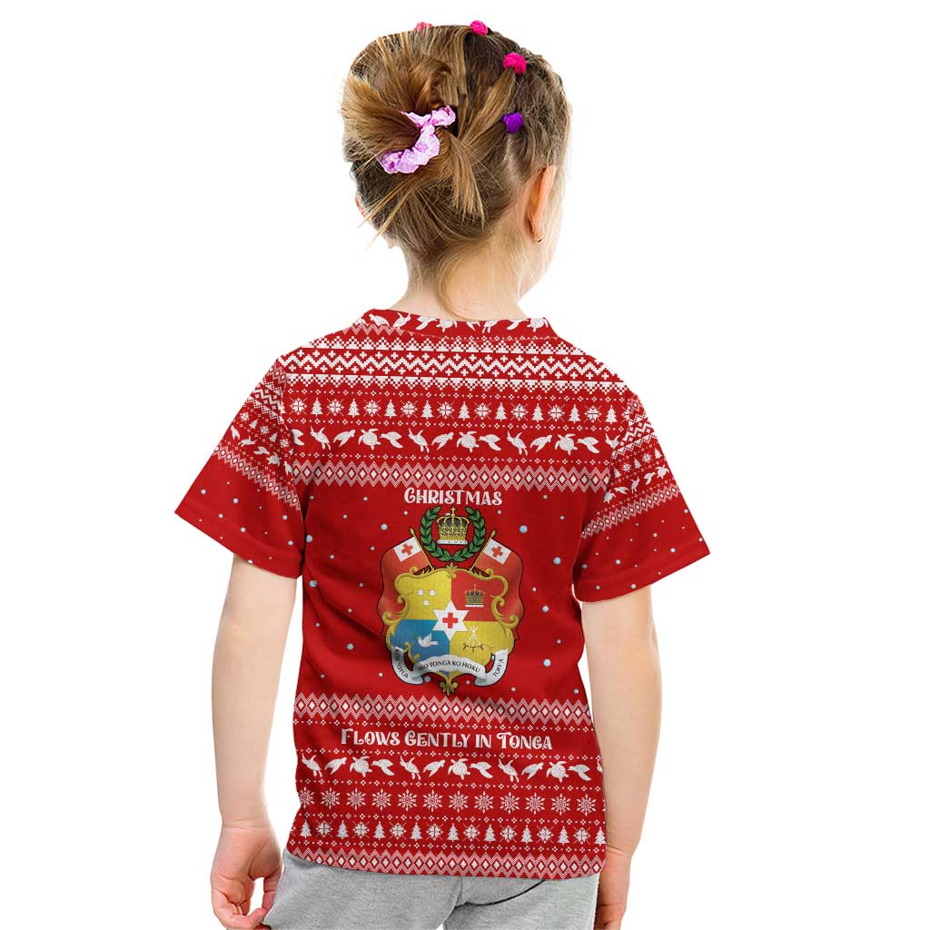Tonga Christmas Kid T Shirt with Sea Turtle Coral Reef Design Snowflake Pattern and National Emblem - Polynesian Pride