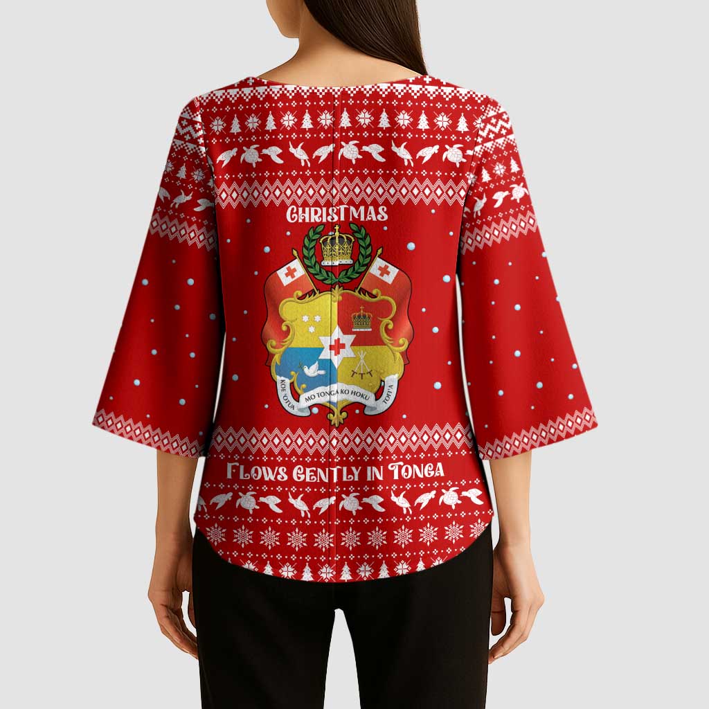 Tonga Christmas Kimono Sleeve Blouse with Sea Turtle Coral Reef Design Snowflake Pattern and National Emblem - Polynesian Pride