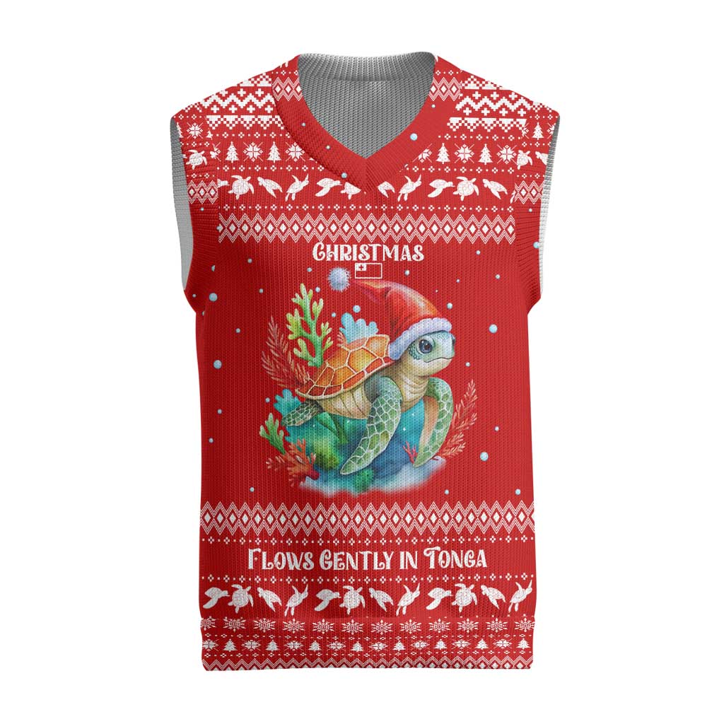 Tonga Christmas Knitted V-Neck Vest with Sea Turtle Coral Reef Design Snowflake Pattern and National Emblem - Polynesian Pride