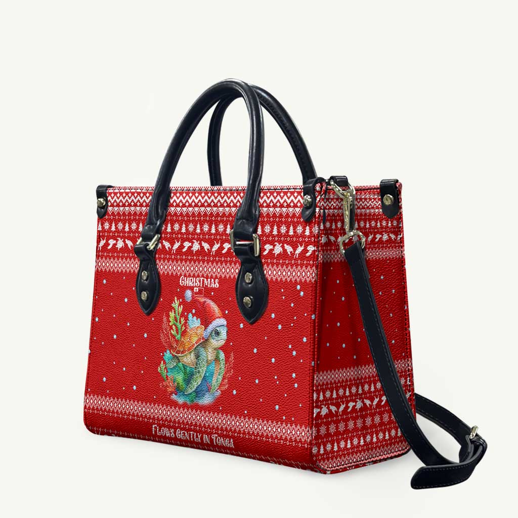 Tonga Christmas Leather Bag with Sea Turtle Coral Reef Design Snowflake Pattern and National Emblem - Polynesian Pride