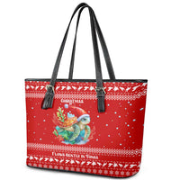 Tonga Christmas Leather Tote Bag with Sea Turtle Coral Reef Design Snowflake Pattern and National Emblem - Polynesian Pride