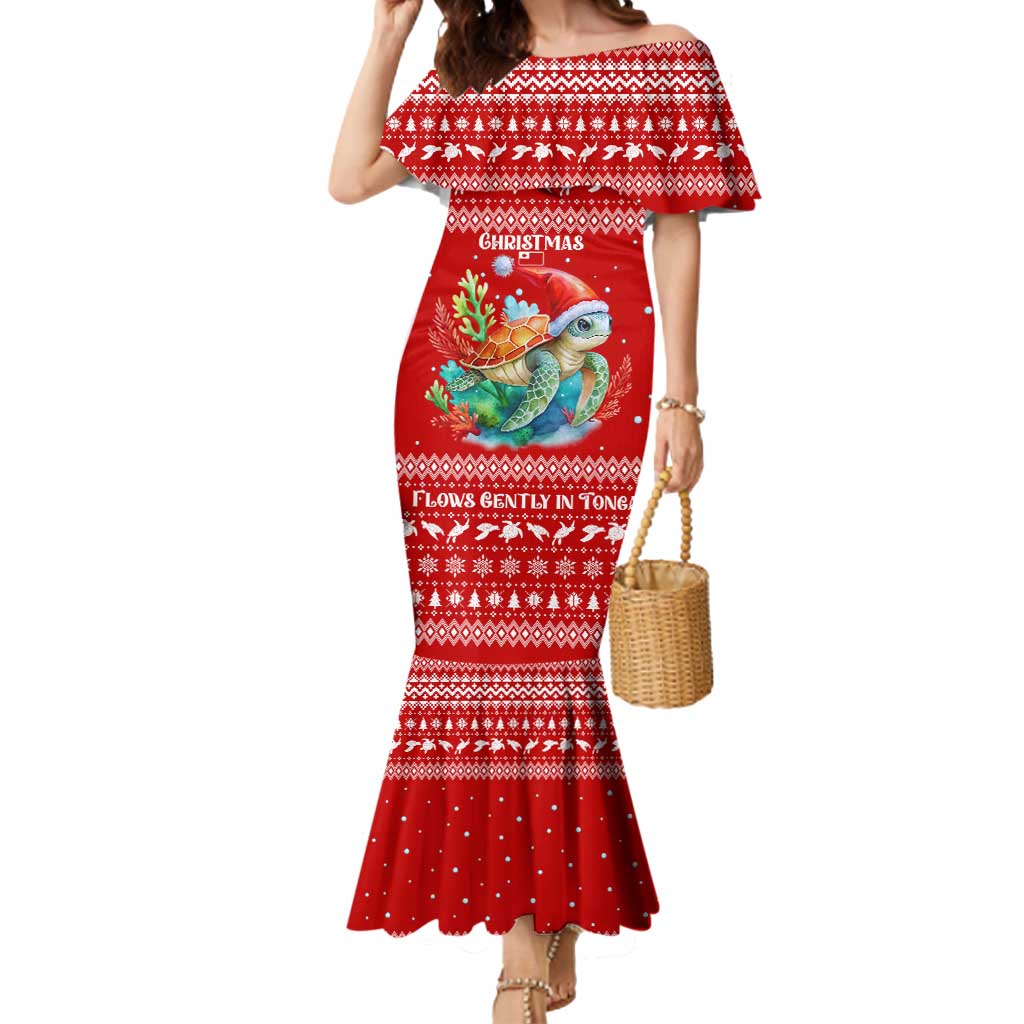 Tonga Christmas Mermaid Dress with Sea Turtle Coral Reef Design Snowflake Pattern and National Emblem - Polynesian Pride
