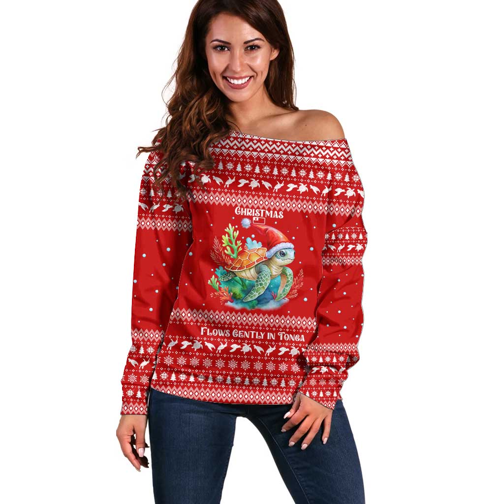 Tonga Christmas Off Shoulder Sweater with Sea Turtle Coral Reef Design Snowflake Pattern and National Emblem TS04 Women Red White - Polynesian Pride