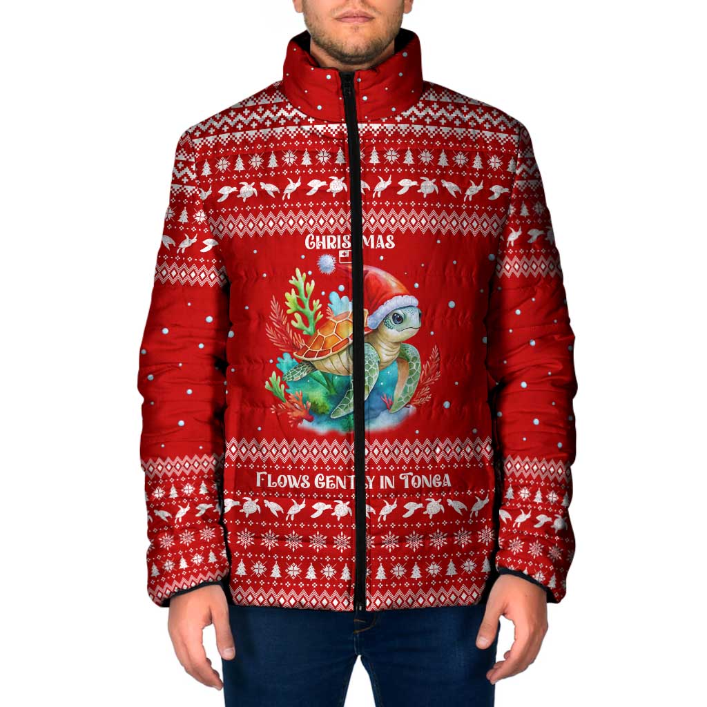 Tonga Christmas Padded Jacket with Sea Turtle Coral Reef Design Snowflake Pattern and National Emblem - Polynesian Pride