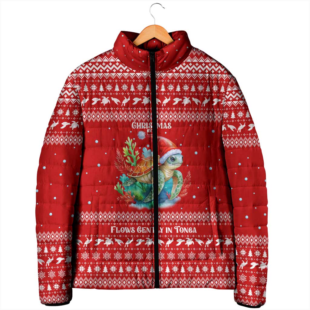 Tonga Christmas Padded Jacket with Sea Turtle Coral Reef Design Snowflake Pattern and National Emblem - Polynesian Pride