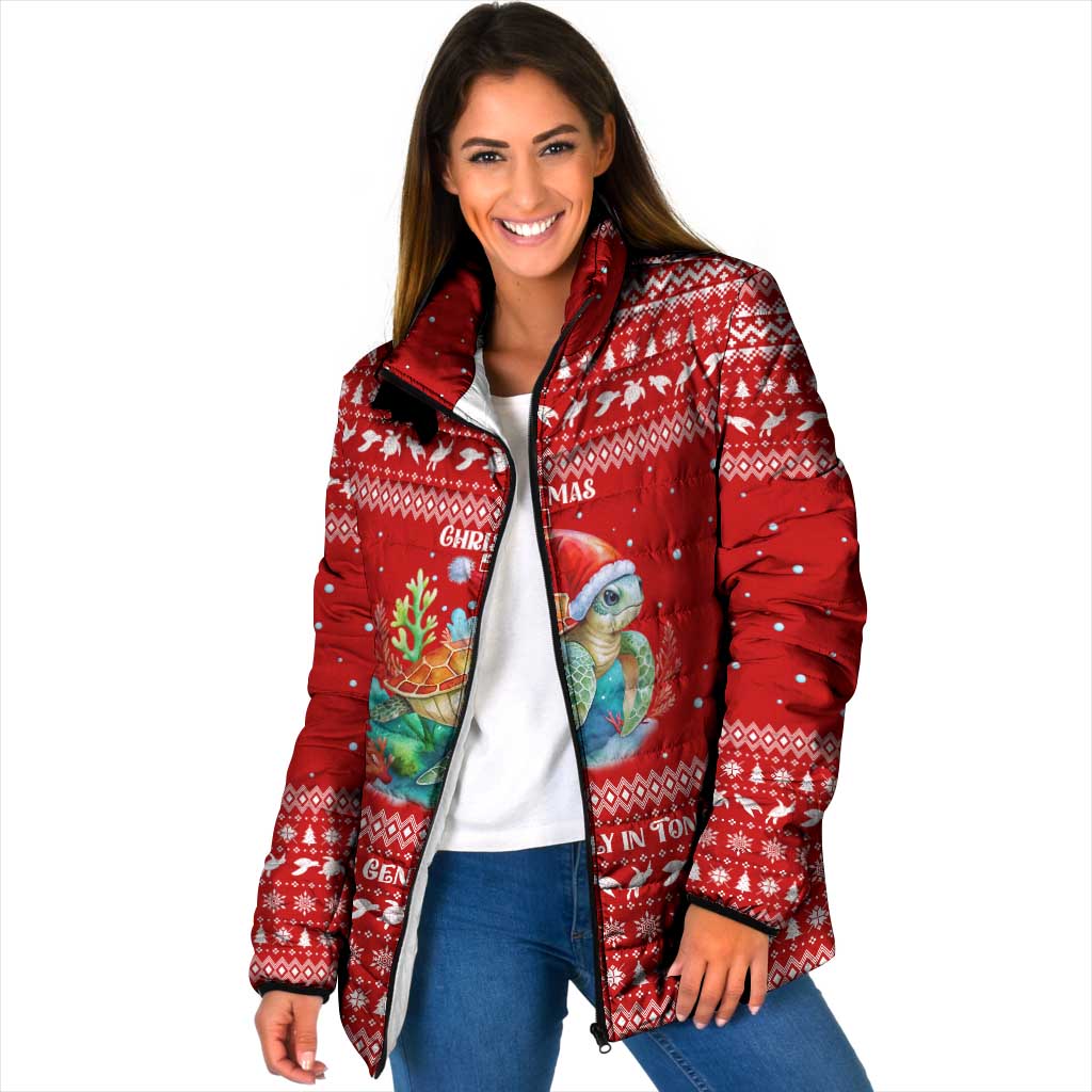 Tonga Christmas Padded Jacket with Sea Turtle Coral Reef Design Snowflake Pattern and National Emblem - Polynesian Pride