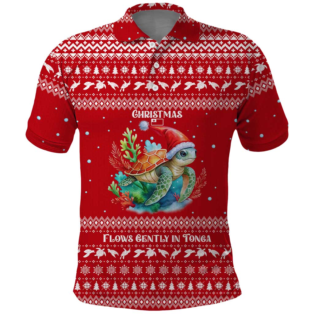Tonga Christmas Polo Shirt with Sea Turtle Coral Reef Design Snowflake Pattern and National Emblem TS04 Red White - Polynesian Pride