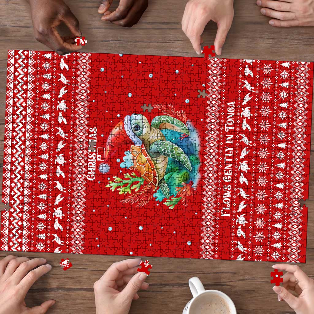 Tonga Christmas Puzzle with Sea Turtle Coral Reef Design Snowflake Pattern and National Emblem - Polynesian Pride