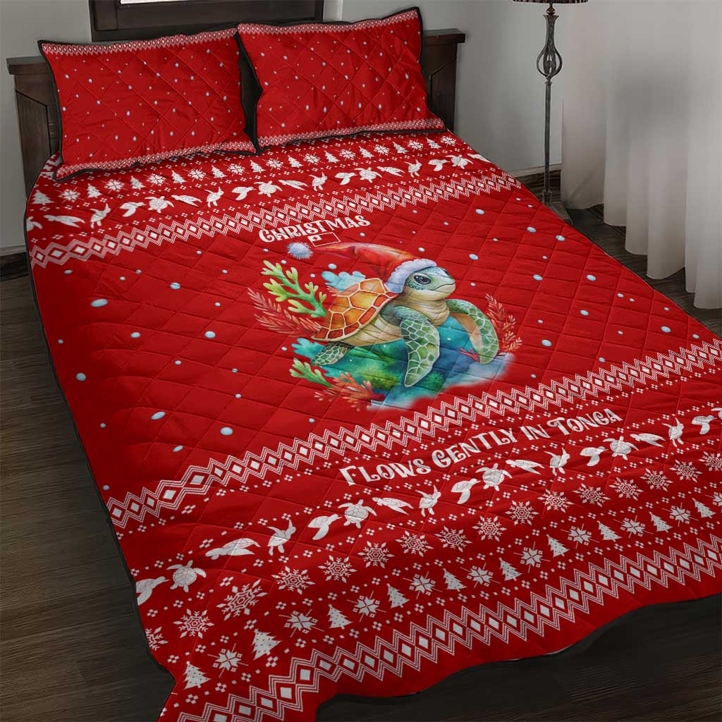 Tonga Christmas Quilt Bed Set with Sea Turtle Coral Reef Design Snowflake Pattern and National Emblem - Polynesian Pride