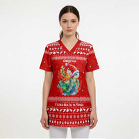 Tonga Christmas Scrub Top with Sea Turtle Coral Reef Design Snowflake Pattern and National Emblem - Polynesian Pride