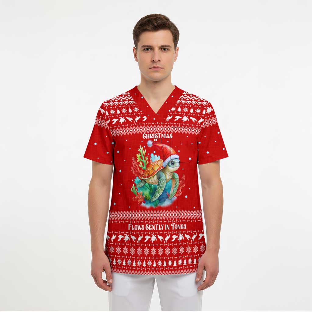 Tonga Christmas Scrub Top with Sea Turtle Coral Reef Design Snowflake Pattern and National Emblem - Polynesian Pride