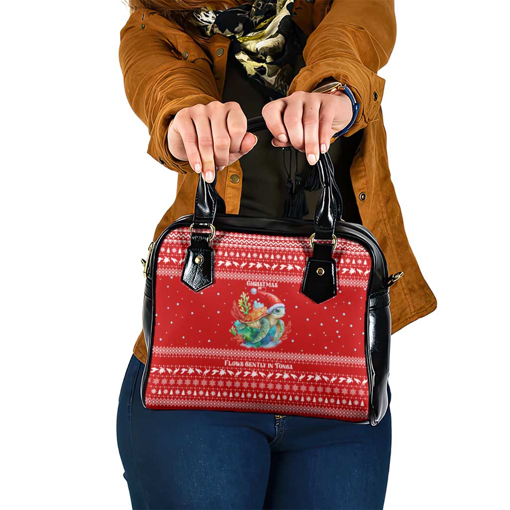 Tonga Christmas Shoulder Handbag with Sea Turtle Coral Reef Design Snowflake Pattern and National Emblem - Polynesian Pride