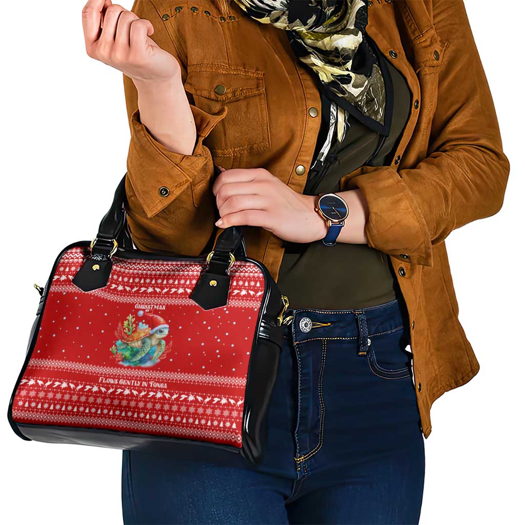 Tonga Christmas Shoulder Handbag with Sea Turtle Coral Reef Design Snowflake Pattern and National Emblem - Polynesian Pride