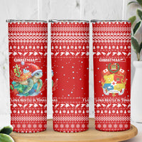Tonga Christmas Skinny Tumbler with Sea Turtle Coral Reef Design Snowflake Pattern and National Emblem - Polynesian Pride