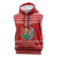 Tonga Christmas Sleeveless Hoodie with Sea Turtle Coral Reef Design Snowflake Pattern and National Emblem - Polynesian Pride