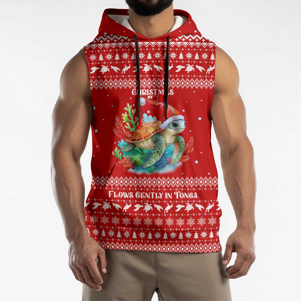 Tonga Christmas Sleeveless Hoodie with Sea Turtle Coral Reef Design Snowflake Pattern and National Emblem - Polynesian Pride