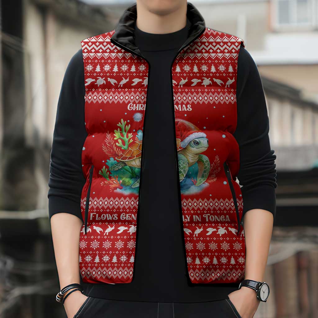Tonga Christmas Sleeveless Puffer Jacket with Sea Turtle Coral Reef Design Snowflake Pattern and National Emblem - Polynesian Pride