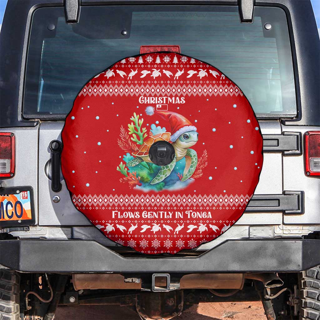 Tonga Christmas Spare Tire Cover with Sea Turtle Coral Reef Design Snowflake Pattern and National Emblem - Polynesian Pride