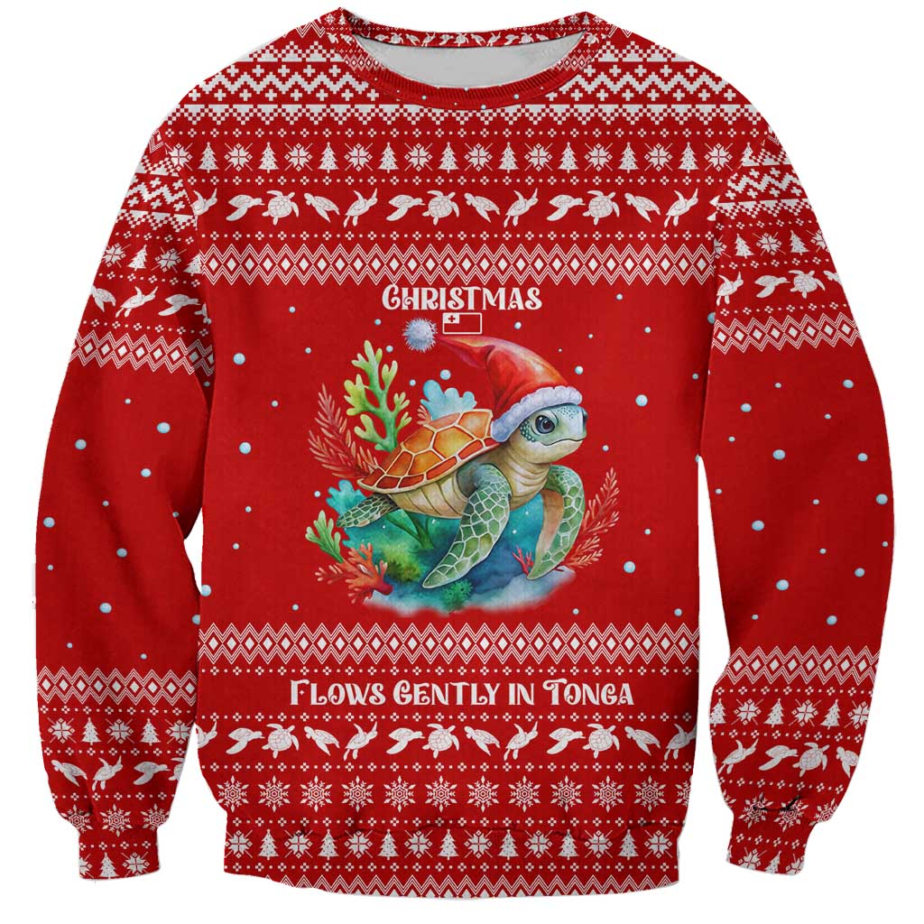 Tonga Christmas Sweatshirt with Sea Turtle Coral Reef Design Snowflake Pattern and National Emblem TS04 Unisex Red White - Polynesian Pride