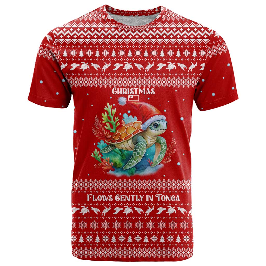 Tonga Christmas T Shirt with Sea Turtle Coral Reef Design Snowflake Pattern and National Emblem TS04 Red White - Polynesian Pride