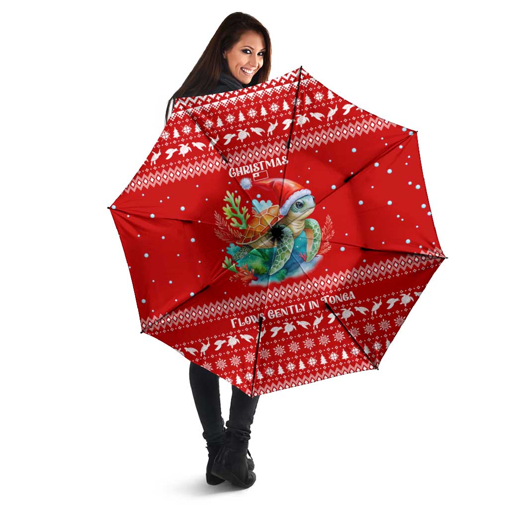 Tonga Christmas Umbrella with Sea Turtle Coral Reef Design Snowflake Pattern and National Emblem - Polynesian Pride