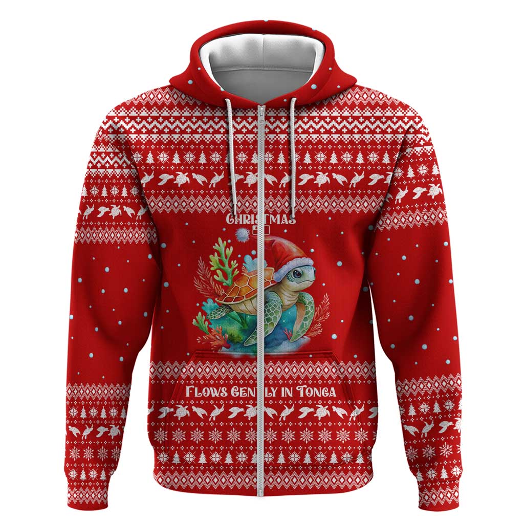 Tonga Christmas Zip Hoodie with Sea Turtle Coral Reef Design Snowflake Pattern and National Emblem TS04 Zip Hoodie Red White - Polynesian Pride