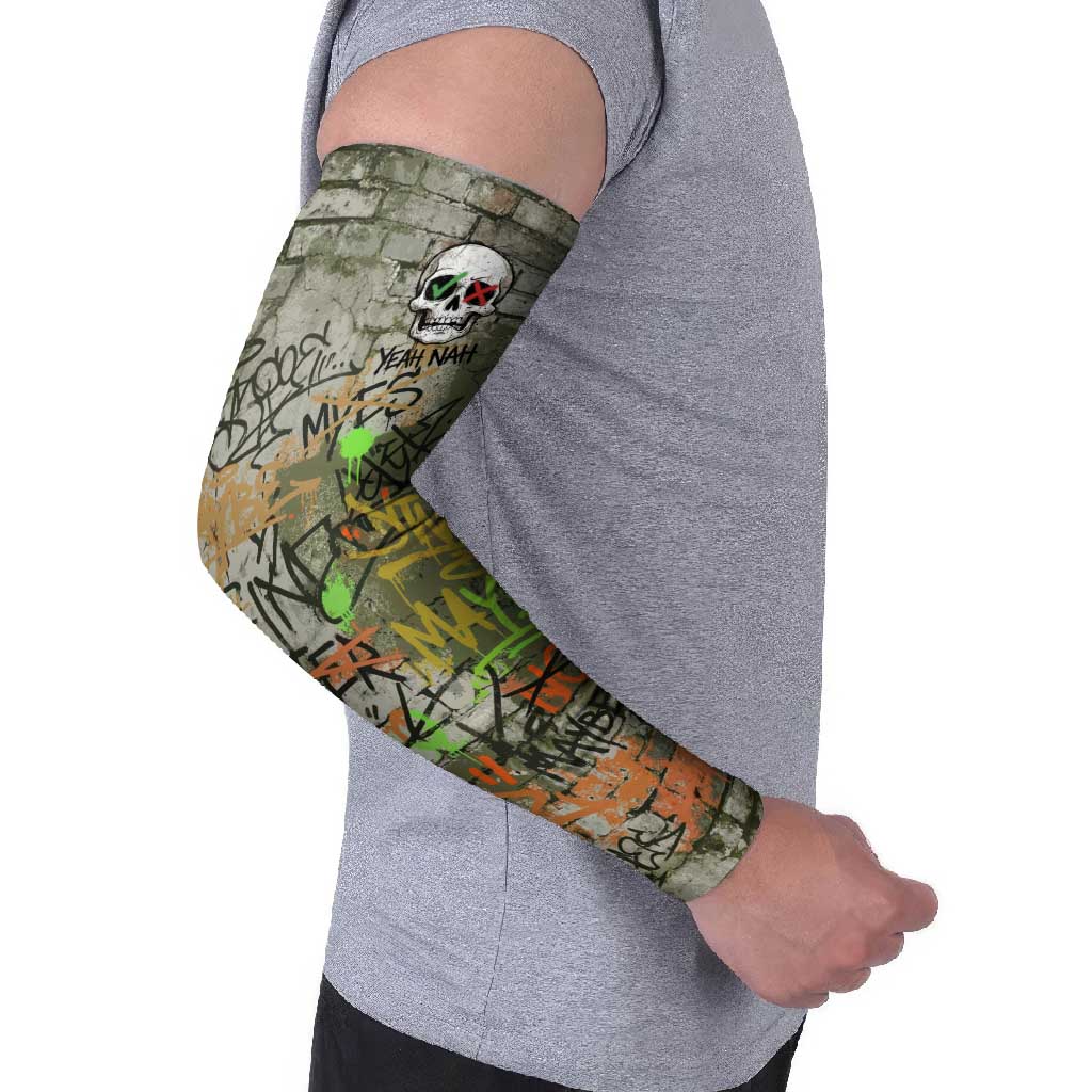 Yeah Nah Graffiti Skull New Zealand Slang Arm Sleeves Kiwi Grunge Brick Wall and Bold Urban Street Art