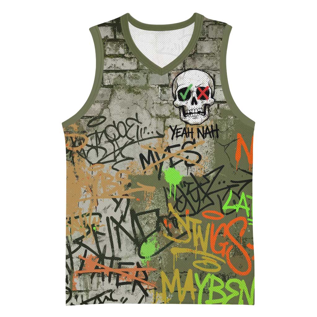 Yeah Nah Graffiti Skull New Zealand Slang Basketball Jersey Kiwi Grunge Brick Wall and Bold Urban Street Art