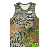 Yeah Nah Graffiti Skull New Zealand Slang Basketball Jersey Kiwi Grunge Brick Wall and Bold Urban Street Art