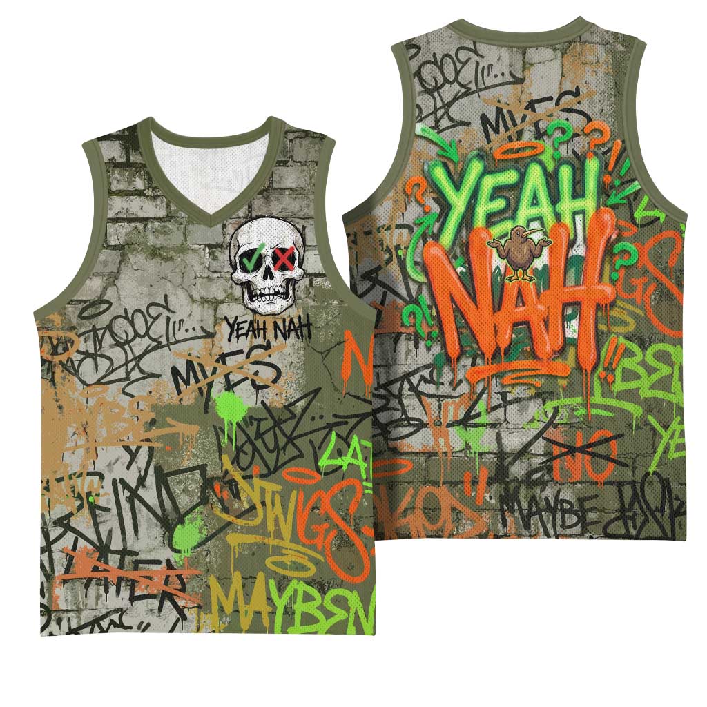 Yeah Nah Graffiti Skull New Zealand Slang Basketball Jersey Kiwi Grunge Brick Wall and Bold Urban Street Art