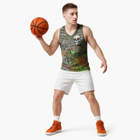 Yeah Nah Graffiti Skull New Zealand Slang Basketball Jersey Kiwi Grunge Brick Wall and Bold Urban Street Art