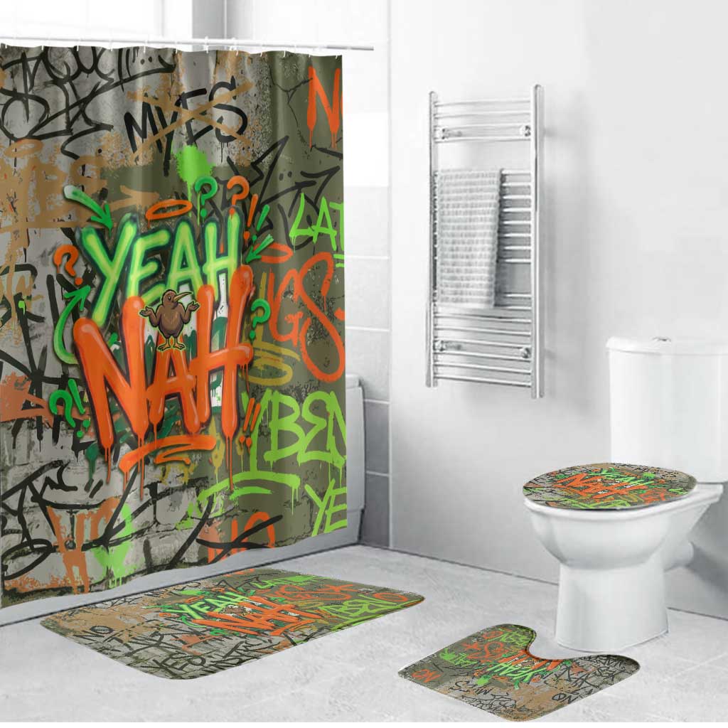 Yeah Nah Graffiti Skull New Zealand Slang Bathroom Set Kiwi Grunge Brick Wall and Bold Urban Street Art