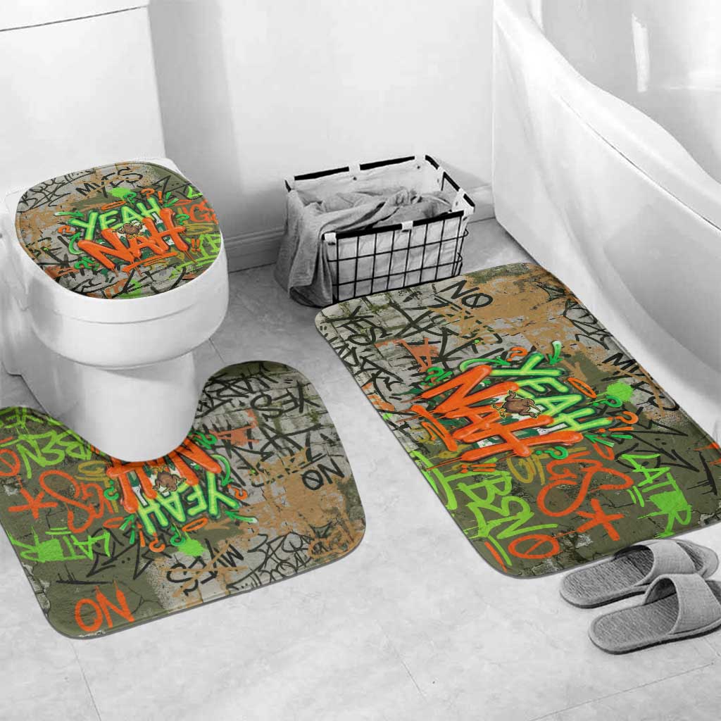 Yeah Nah Graffiti Skull New Zealand Slang Bathroom Set Kiwi Grunge Brick Wall and Bold Urban Street Art TS04 Mat Set Only (3 pcs) One Size Multicolor - Polynesian Pride