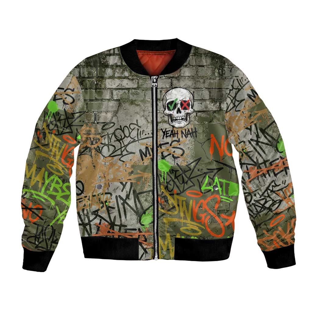Yeah Nah Graffiti Skull New Zealand Slang Bomber Jacket Kiwi Grunge Brick Wall and Bold Urban Street Art TS04 Unisex Multicolor - Polynesian Pride