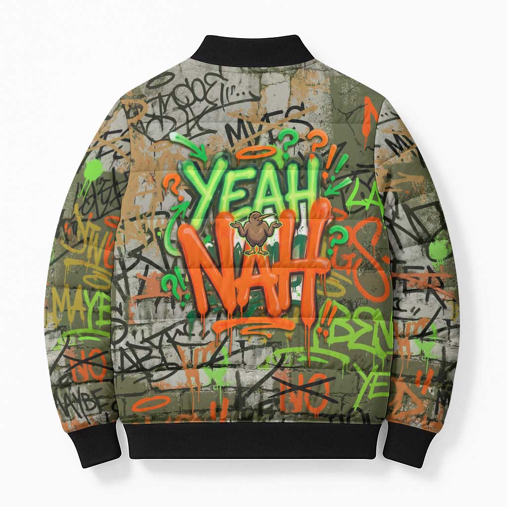 Yeah Nah Graffiti Skull New Zealand Slang Bomber Puffer Jacket Kiwi Grunge Brick Wall and Bold Urban Street Art TS04 - Polynesian Pride