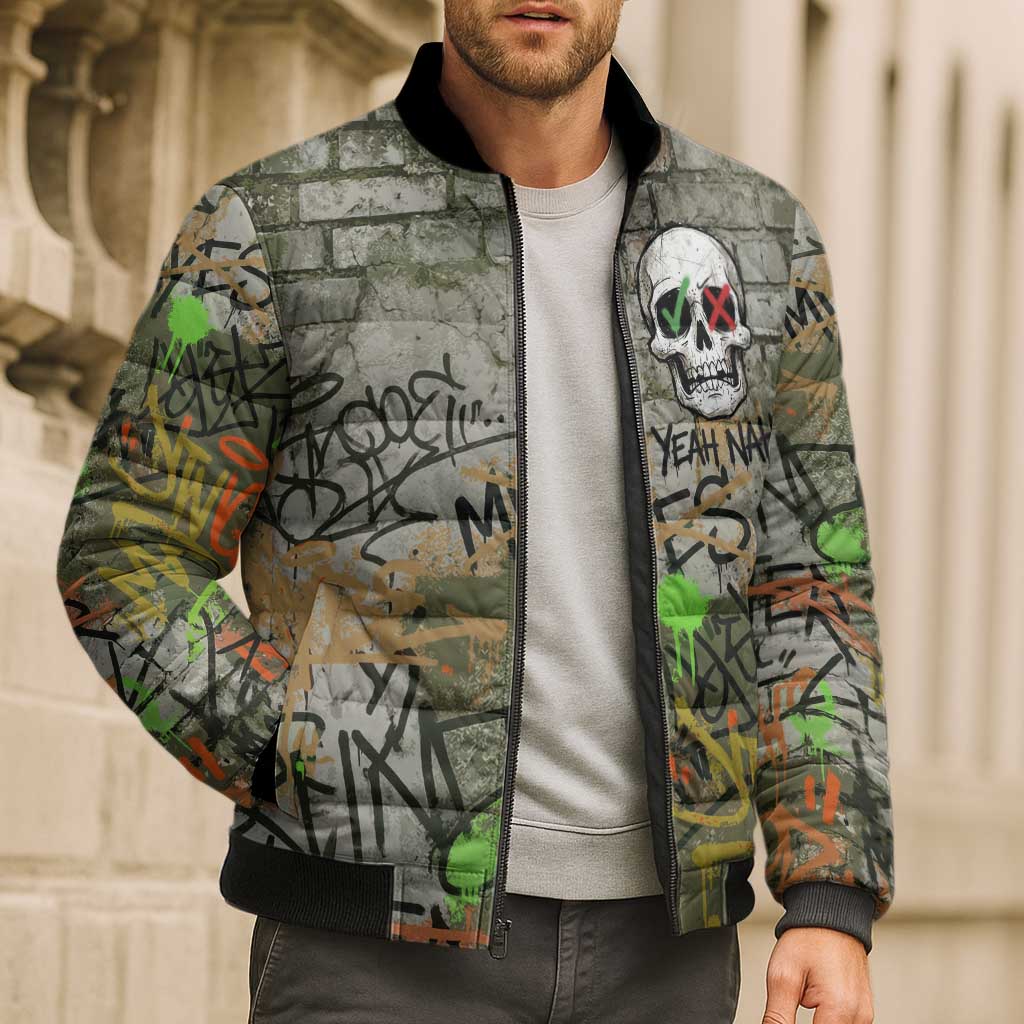 Yeah Nah Graffiti Skull New Zealand Slang Bomber Puffer Jacket Kiwi Grunge Brick Wall and Bold Urban Street Art TS04 - Polynesian Pride